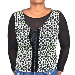 Vintage Corset Lacing Shirt Black Mesh Animal Print 90s Pullover Stretchy Medium
